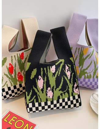 Checkerboard Floral Printed Woven Handbag Bags Accessories