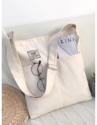 Simple Solid Color With-pockets Canvas Handbag