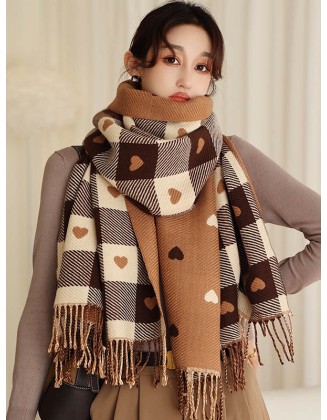 Casual Contrast Color Heart Plaid Jacquard Shawl&Scarf