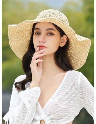 Hollow Solid Color Wide Side Woven Sun-Protection Hats&Caps