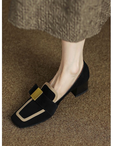 Contrast Color Square-Toe Mid Heels Loafers