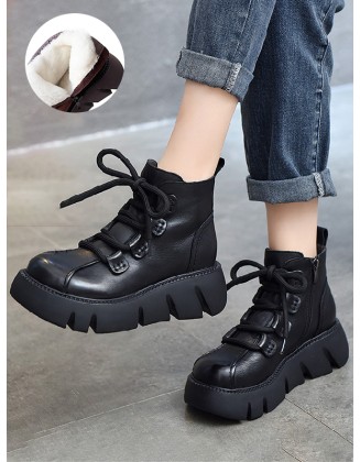 Vintage Cow Leather Wool Boots Platform Shoes