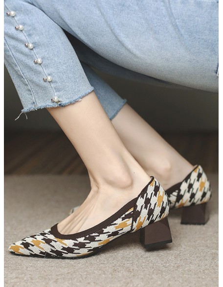 Contrast Color Houndstooth Pointed-Toe Round Cut Pumps Mid Heels