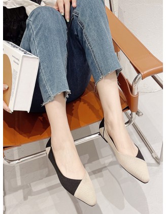 Contrast Color Pointed-Toe Split-Joint V-Cut Flats Flat Shoes