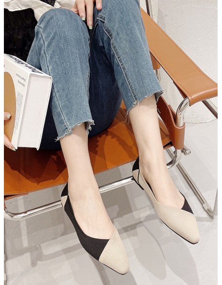 Contrast Color Pointed-Toe Split-Joint V-Cut Flats Flat Shoes