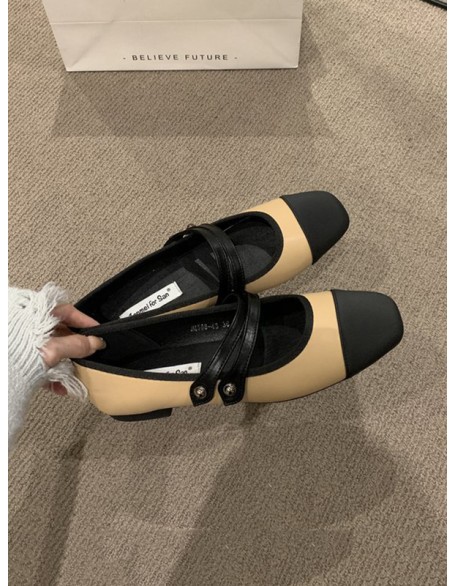 Contrast Color Round Cut Split-Joint Square-Toe Low Heels Flat Shoes Flats