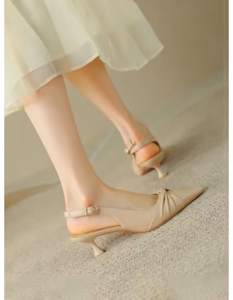 Pleated Pointed-Toe Shallow Cut Sling Shoes