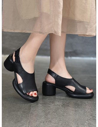 Hollow Open Toe Solid Color Block Heel Sandals