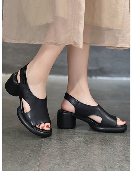 Hollow Open Toe Solid Color Block Heel Sandals