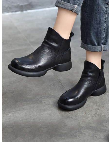 Round-Toe Solid Color Zipper Boots