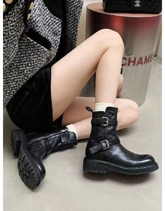 Belt Buckle Round-Toe Split-Joint Zipper Boots