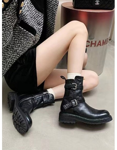 Belt Buckle Round-Toe Split-Joint Zipper Boots