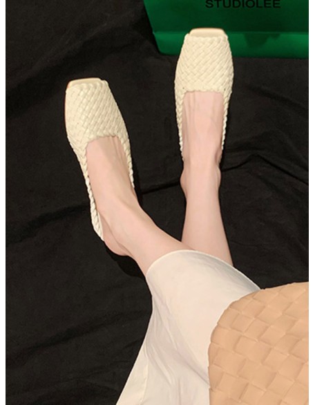 Open Toe Split-Joint Square-Toe Woven Slippers&Mules