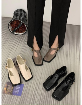 Buckle Hollow Split-Joint Square-Toe Loafers Flat Shoes