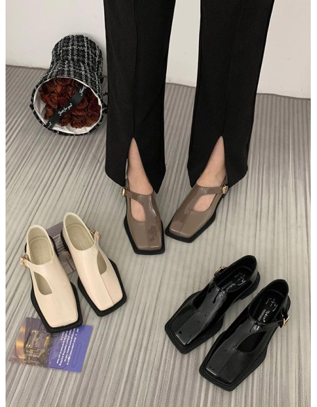 Buckle Hollow Split-Joint Square-Toe Loafers Flat Shoes