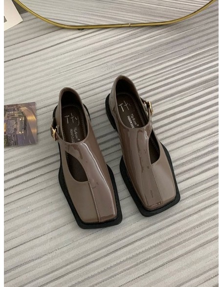 Buckle Hollow Split-Joint Square-Toe Loafers Flat Shoes