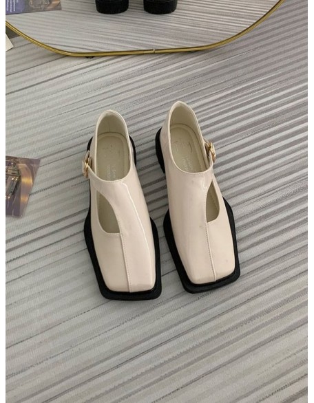 Buckle Hollow Split-Joint Square-Toe Loafers Flat Shoes