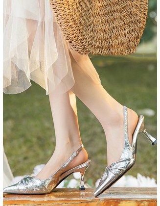 Pleated Pointed-Toe Split-Joint Sling Shoes Sandals