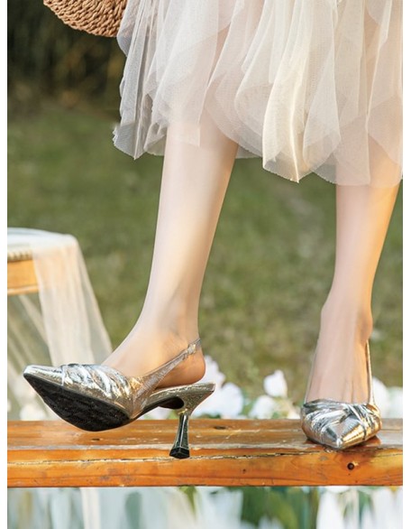 Pleated Pointed-Toe Split-Joint Sling Shoes Sandals