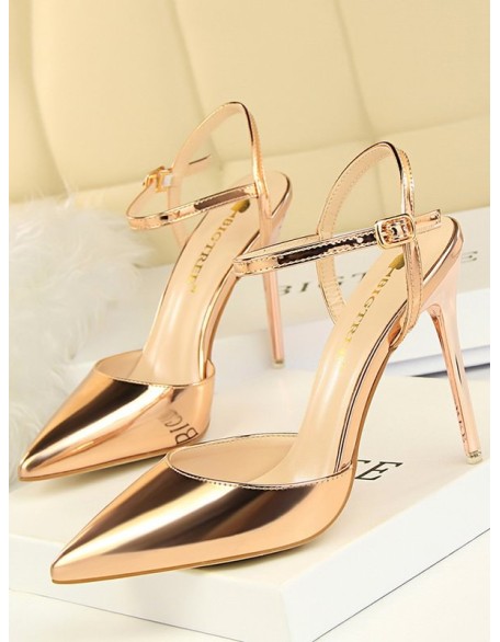 Belt Buckle Pointed-Toe Shiny Split-Joint Sandals Pumps