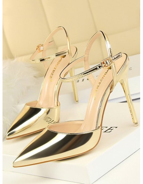 Belt Buckle Pointed-Toe Shiny Split-Joint Sandals Pumps