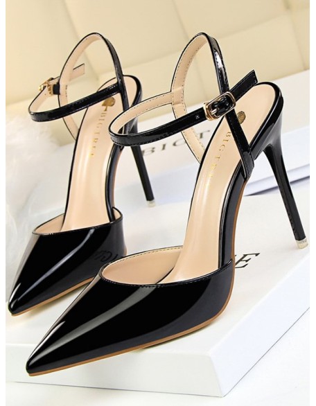 Belt Buckle Pointed-Toe Shiny Split-Joint Sandals Pumps