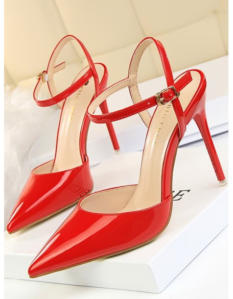 Belt Buckle Pointed-Toe Shiny Split-Joint Sandals Pumps