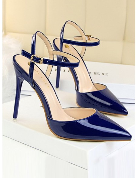 Belt Buckle Pointed-Toe Shiny Split-Joint Sandals Pumps