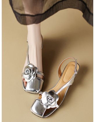 Belt Buckle Flower Shape Hollow Split-Joint Square-Toe Sandals