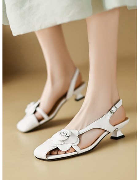 Belt Buckle Flower Shape Hollow Split-Joint Square-Toe Sandals