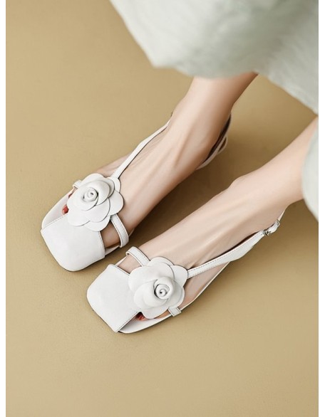 Belt Buckle Flower Shape Hollow Split-Joint Square-Toe Sandals