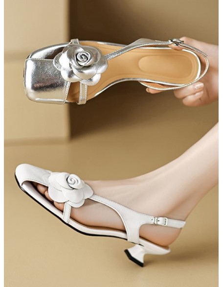 Belt Buckle Flower Shape Hollow Split-Joint Square-Toe Sandals