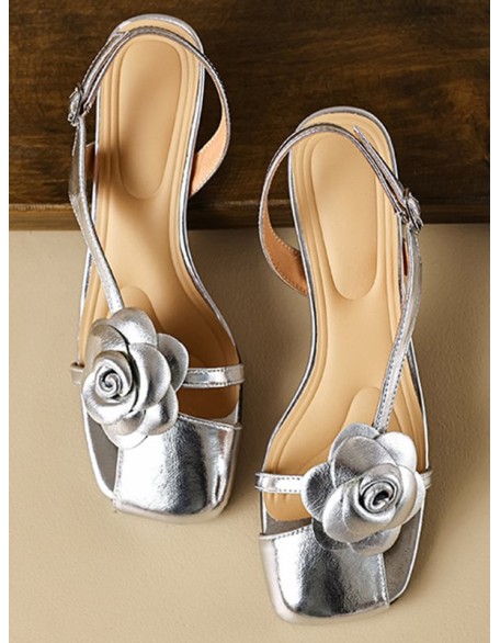 Belt Buckle Flower Shape Hollow Split-Joint Square-Toe Sandals