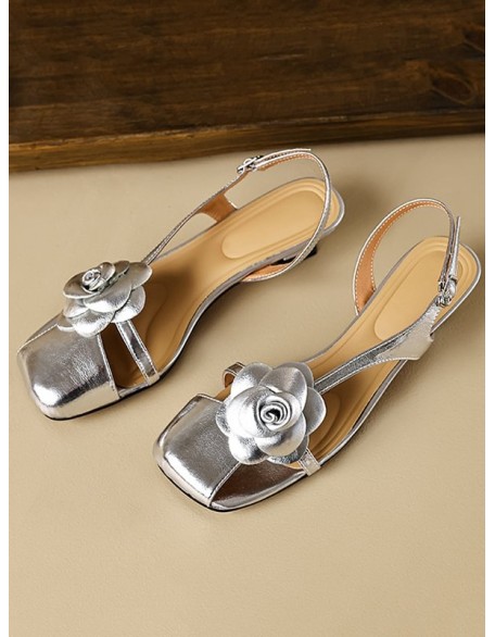 Belt Buckle Flower Shape Hollow Split-Joint Square-Toe Sandals