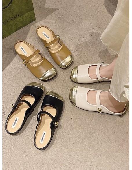 Contrast Color Shallow Cut Split-Joint Square-Toe Slippers&Mules Mary Janes Flats