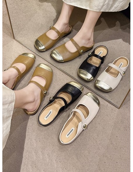 Contrast Color Shallow Cut Split-Joint Square-Toe Slippers&Mules Mary Janes Flats