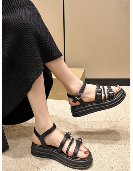 Belt Buckle Lace-Up Round-Toe Split-Joint Sandals Platform Shoes