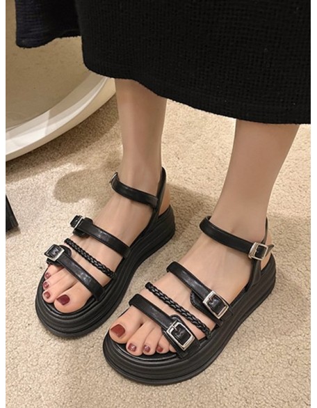 Belt Buckle Lace-Up Round-Toe Split-Joint Sandals Platform Shoes