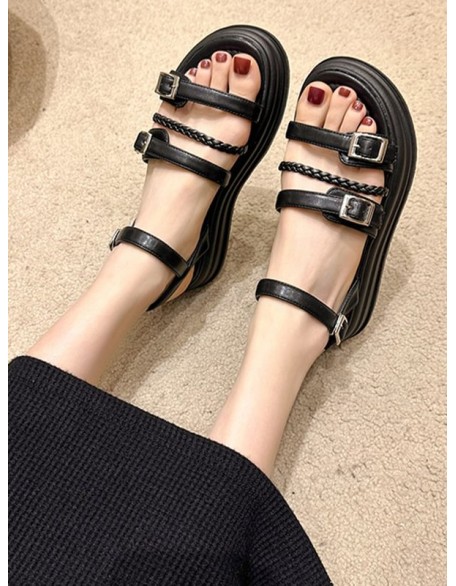 Belt Buckle Lace-Up Round-Toe Split-Joint Sandals Platform Shoes