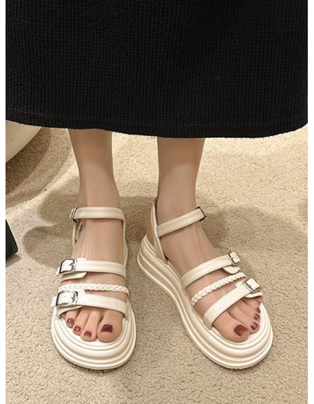 Belt Buckle Lace-Up Round-Toe Split-Joint Sandals Platform Shoes