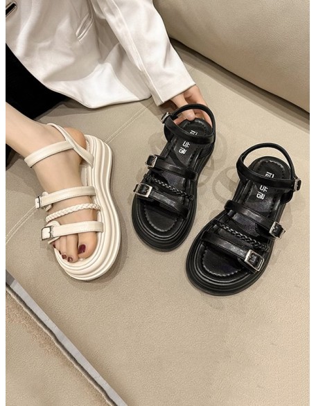 Belt Buckle Lace-Up Round-Toe Split-Joint Sandals Platform Shoes