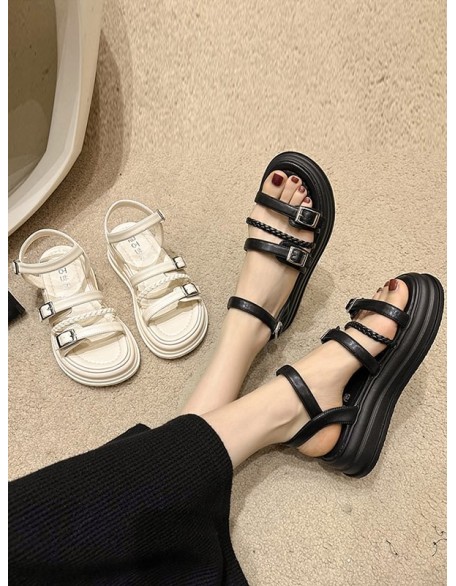 Belt Buckle Lace-Up Round-Toe Split-Joint Sandals Platform Shoes