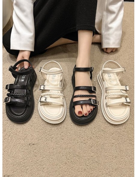 Belt Buckle Lace-Up Round-Toe Split-Joint Sandals Platform Shoes