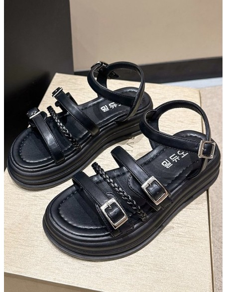 Belt Buckle Lace-Up Round-Toe Split-Joint Sandals Platform Shoes