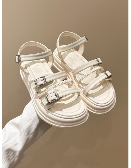 Belt Buckle Lace-Up Round-Toe Split-Joint Sandals Platform Shoes