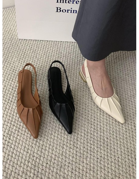 Pleated Pointed-Toe Solid Color Split-Joint Sling Shoes Sandals