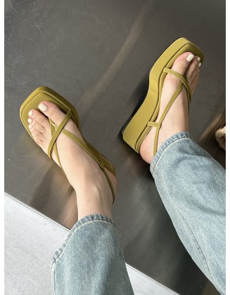 Belt Buckle Hollow Solid Color Square-Toe Sandals Platform Shoes