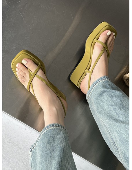 Belt Buckle Hollow Solid Color Square-Toe Sandals Platform Shoes