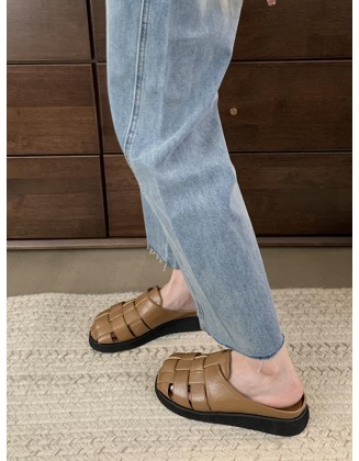 Hollow Round-Toe Split-Joint Woven Slippers&Mules Sandals