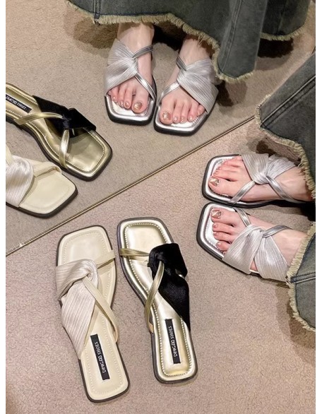 Pleated Split-Joint Square-Toe Slippers Sandals